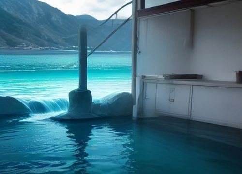 昏暗室內溫泉浴池，蒸騰水霧中隱約可見兩個人影靠近，燈光酒紅色調，呈現母子偷偷潛入水中亂倫場景的視覺張力